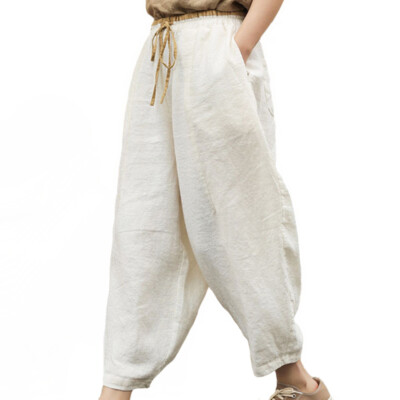 2021 Summer Linen Loose Vintage Trousers White Harem Pants Girl Solid Pantalons