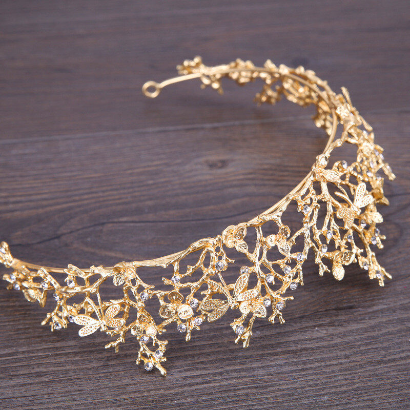 Ladies Crystal Tiara Gold Leaf Headband Bride Queen Crown Rhinestone Diamond