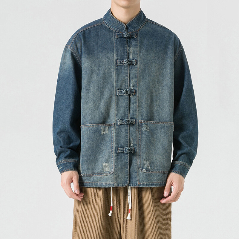 ジャケット・アウター LIMI feu DENIM MANDARIN COLLAR JACKET 2 Men Mandarin Collar Denim Jackets Frog Button Chinese Casual