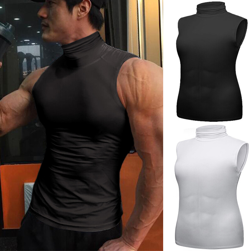 Men Mock Neck Shirt Casual Turtleneck Pullover Sleeveless Slim Fit Tops Stretch eBay