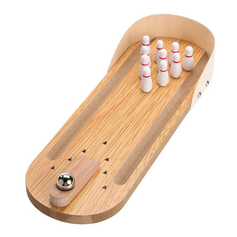 Mini Bowling Gioco Da Tavolo In Legno Portatile Palla Metallo Giocattoli dfh