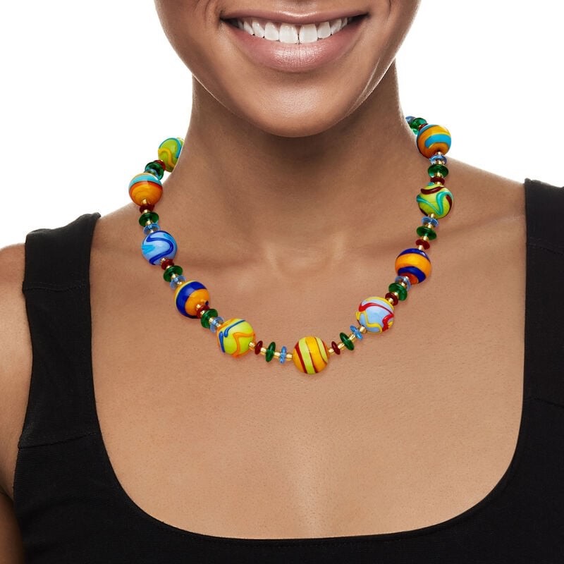 Italian Multicolored Murano Venetian Glass Beads Necklace 18kt Gold Over Bronze