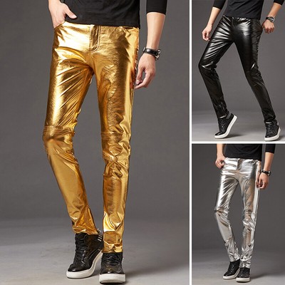 Herren Slim Fit Soft PU Faux Leder Biker Hose Performing Glossy Clubwear M2XL
