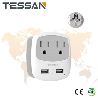 TESSAN Schuko Plug Converter with 2 USB Ports 2 AC Outlets, US to European