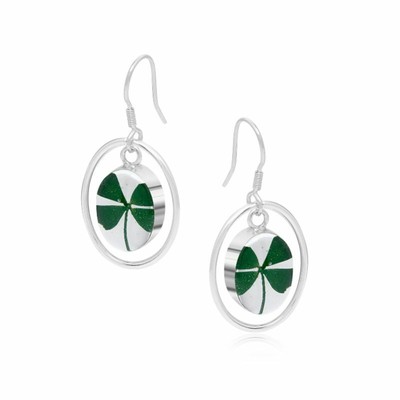 Shrieking Violet Four Leaf Clover Silver Oval Surround Earrings