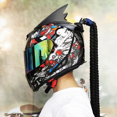 DOT Approved Full Face Racing Double Lens Motorcycle Helmet With Horns And Braid