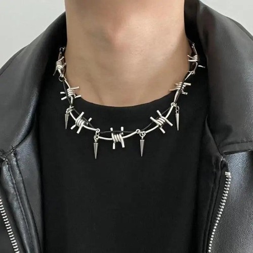 Stainless Steel Gothic Barbed Wire Rivet Double Layer Necklace for Men Women
