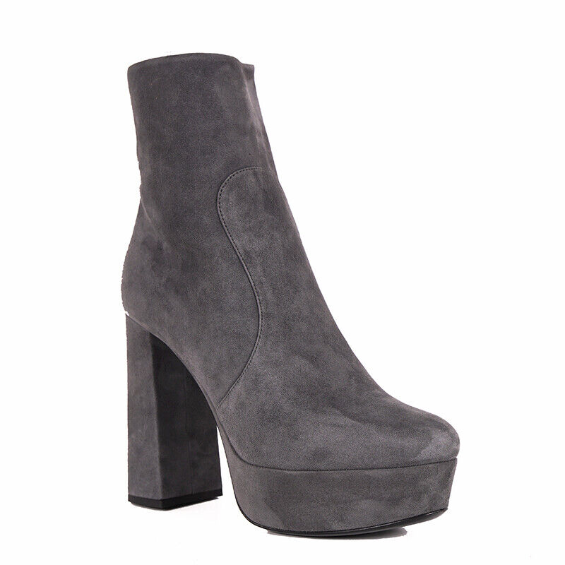 Pre-owned Prada Sz 39 $975  Slate Gray Suede Chunky Heel Platform 110mm Ankle Boots