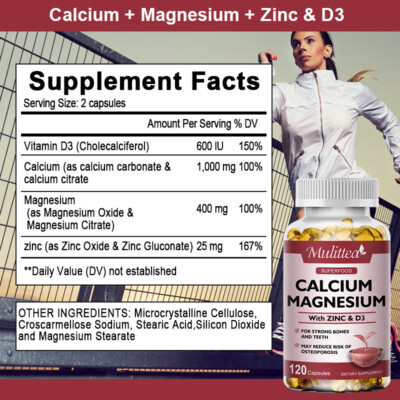 Mulittea Magnesium Zinc Vitamin D3 Calcium Complex 120 Capsules High Absorption