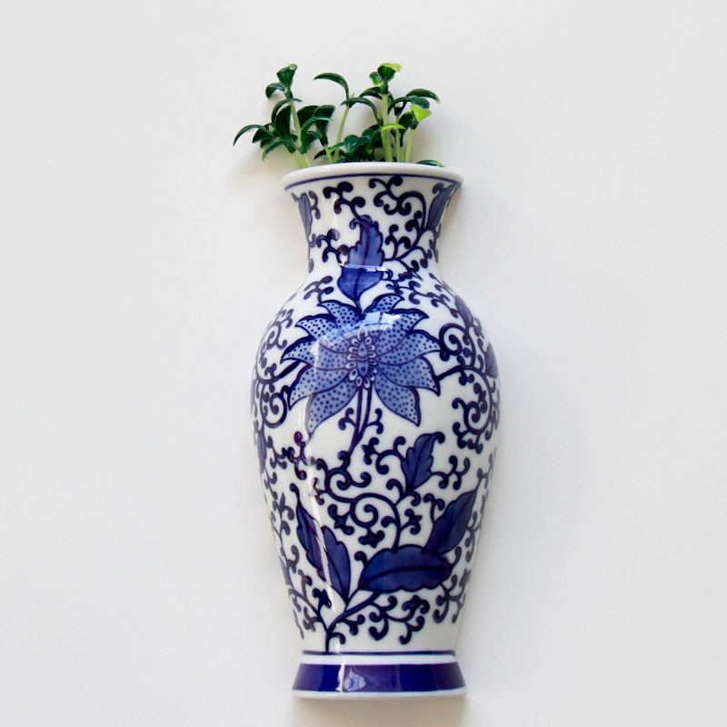 Metope Vase Ceramic Wall Hanging Flower Receptacle Blue And White