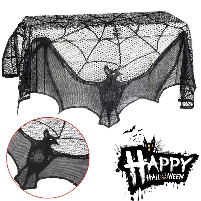 Clearance Halloween Lace Curtain Black Bat Spider Tablecloth Fireplace Mantel Sc