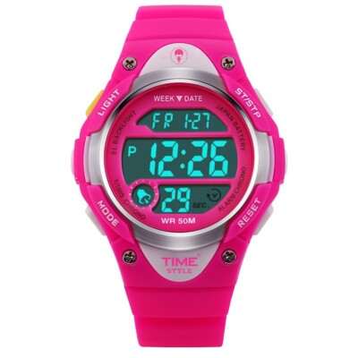 Branded Ladies Pink Digital LCD Watch with EL Light PU Strap, ABS Case, 50m