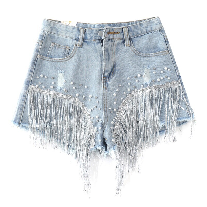 Sequin Beaded Women Denim Shorts Rhinestone Tassel Hot Pants