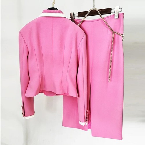 FASHION WOMEN PINK SUIT JACKET AND SKIRT, FASHION 2024 EVENING SET LARGE SIZE