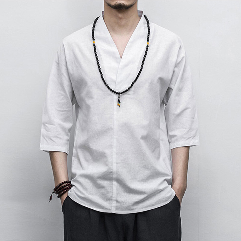 Shirt Uomo Manica 3/4 Kung Fu V Collo T-Shirt Etnico Blusa Top Casual