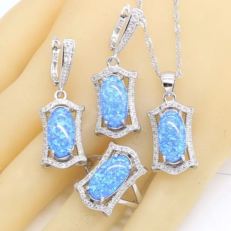 Geometric Blue Opal Silver Jewelry Sets for Women Bridal Necklace Ears Rings Birthday Gift