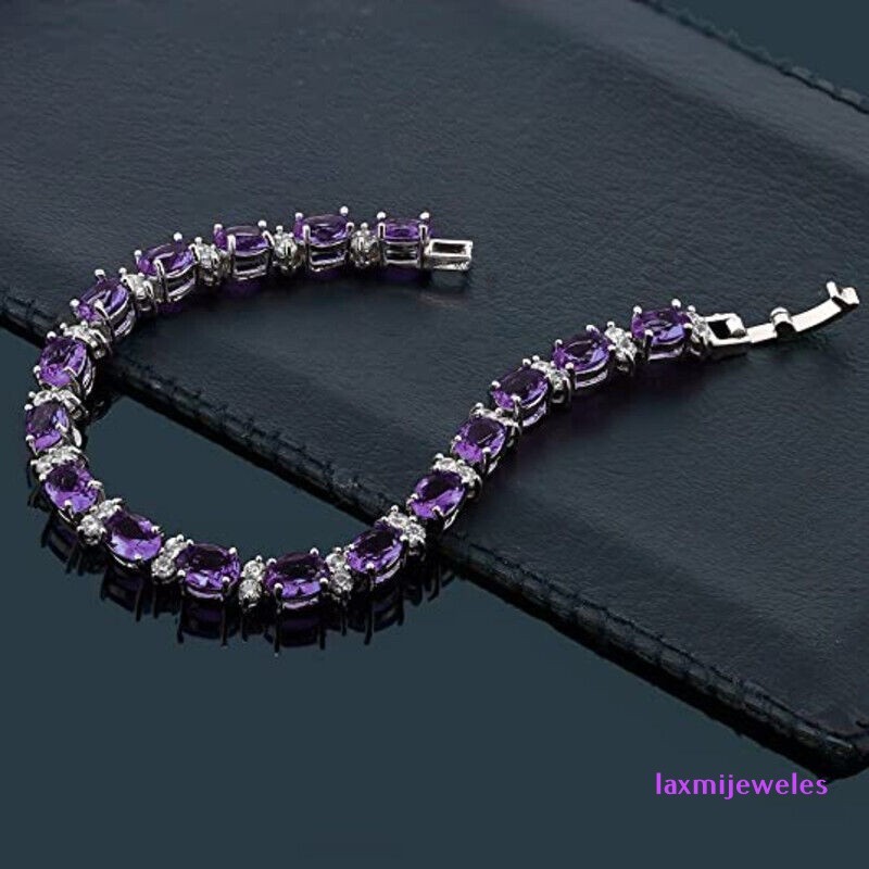 12ct Amethyst & Lab-Created Diamond Tennis Bracelet 925 Silver Finish 7.5