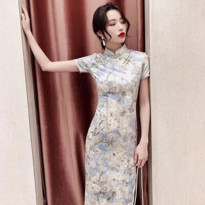 Women Floral Cheongsam Dress Retro Long Prom Qipao Oriental Ball Gown