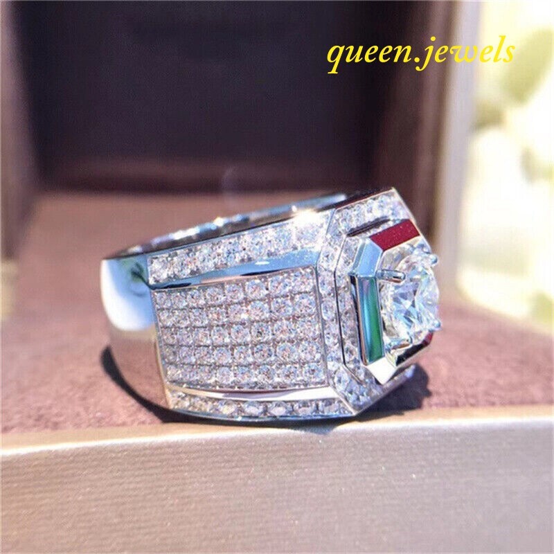 Round Cut 3.20CT Lab-Created Diamond Men's Wedding Ring 14K White Gold Finish - Picture 3 of 8