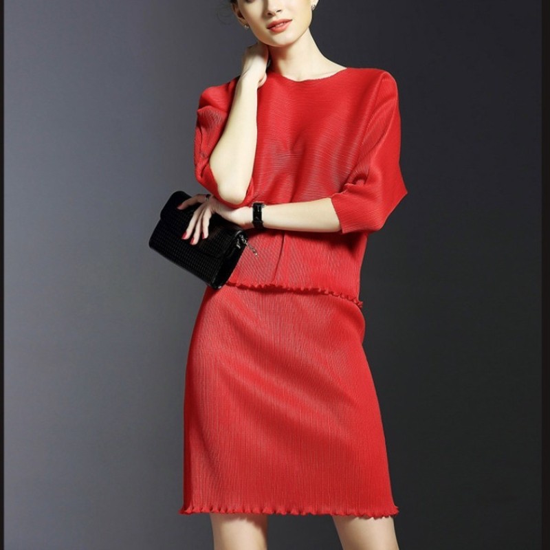 Lady Slim Bodycon Suit Dress 3/4 Sleeve Ruffle Trim Top Skirt Elastic Waist Chic