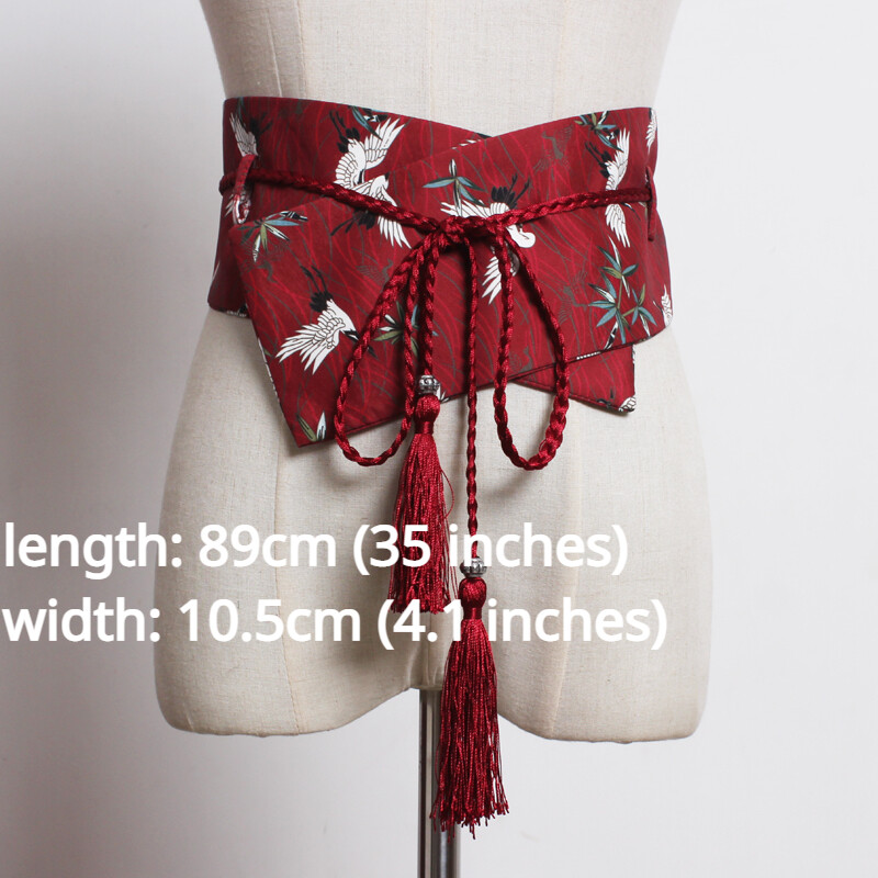 Japanese Women Wide Tie Belt Waistband Tassel Embroidered Floral for Dress Hanfu