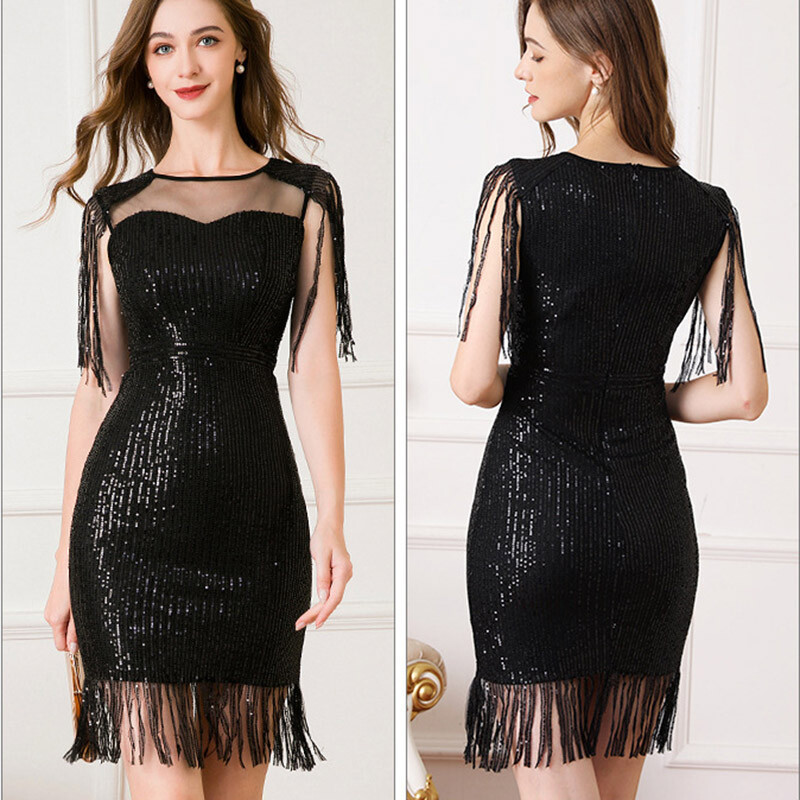 Donna a Contrasto Rete Lustrini Formale Abiti Ginocchio Lunghezza Nappa Banquet