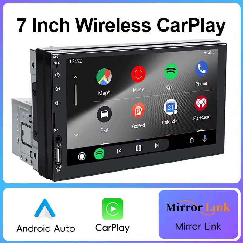 Wireless CarPlay Android Auto 7" 1Din Bluetooth FM AUX USB Universal HD Multimed