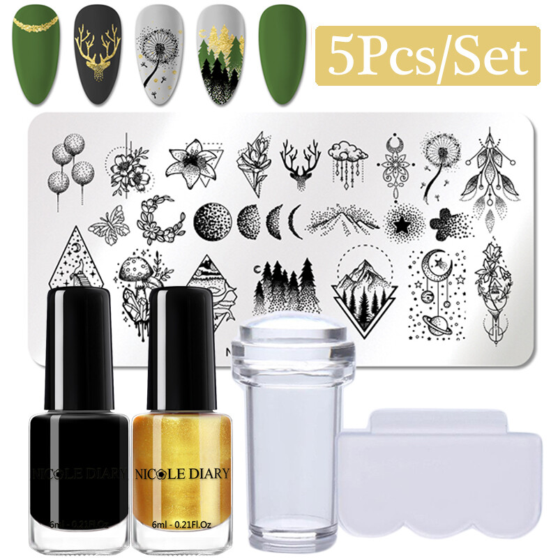 NICOLE DIARY Nail Stamping Plates with Stamping Polish Nail Stamper Scraper Kit
