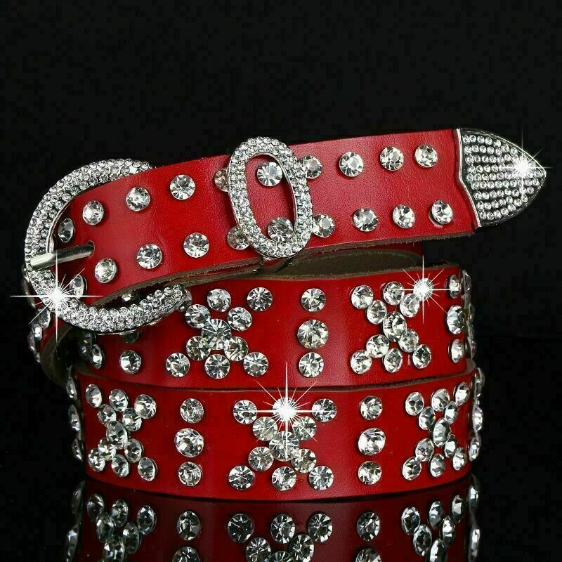 Cintura In Vera Pelle Da Donna Con Strass Cristallo Applicato Brillante Lucido