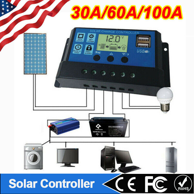 30/60/100A Solar Panel Battery Charge Controller 12V/24V LCD Regulator Dual USB