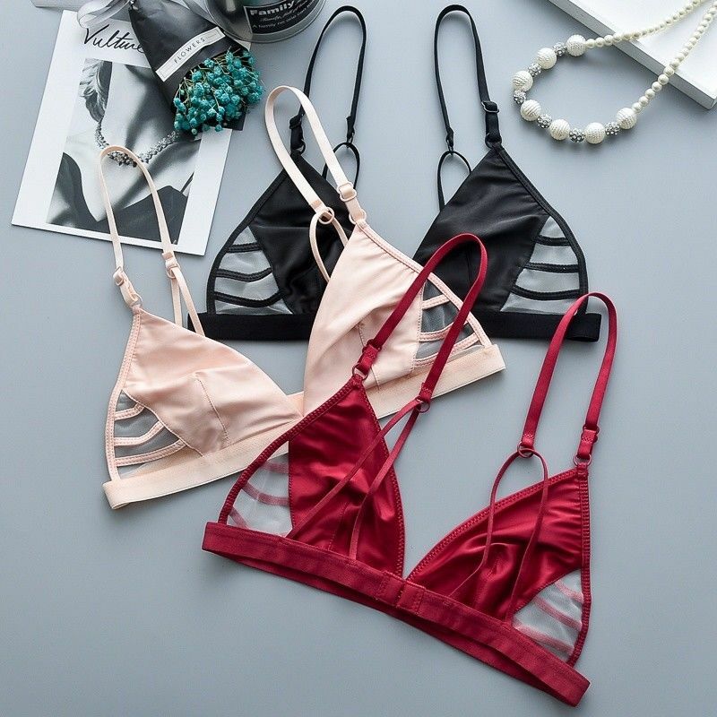 Women Satin Silk Triangle Bralette Bra Soft Cup Lace Mesh Splice Top Lingerie