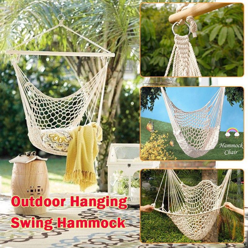 Details About Hanging Hammock Chair Outdoor Swing Patio Porch Garden Cotton Rope Seat Sling