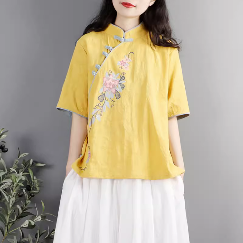 Etnico Donna Ttang Top Tuta Ricamato Floreale T-Shirt Mezza Manica Maglia Estate