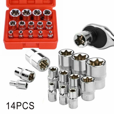 14-Pcs Female E-TORX Star Socket Set with Case, 1/4'' 3/8'' 1/2'' Drive, E4 - E24