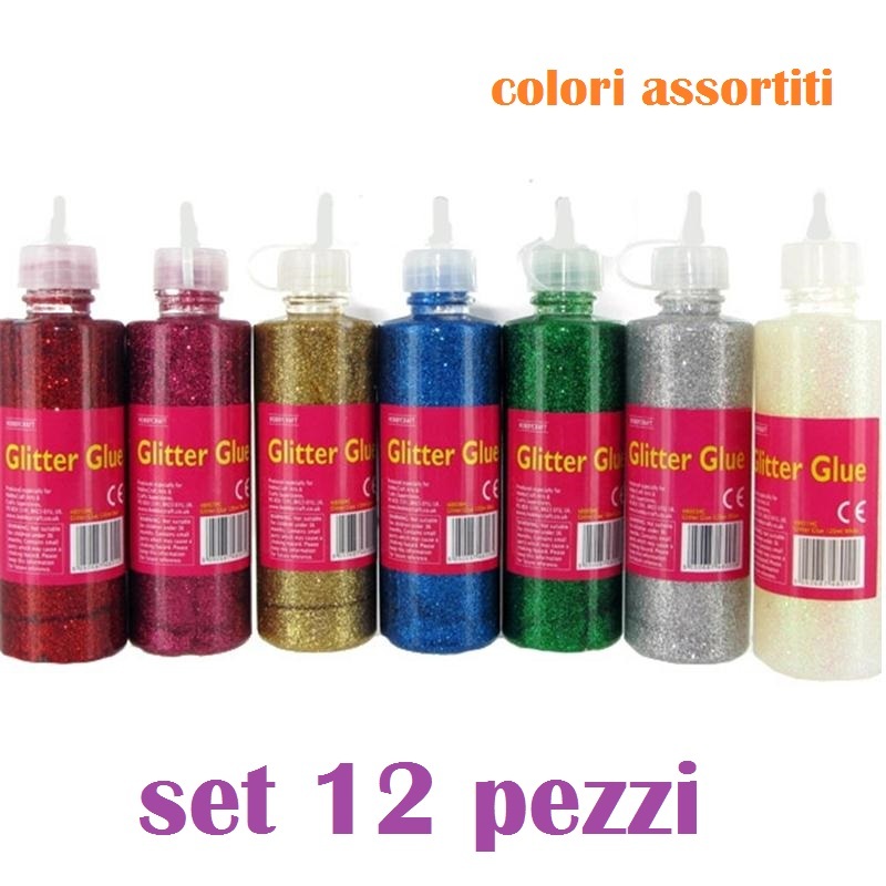 Set 12 Pz Colla Brillantini Glitter Glue Decorativi Scrab Decoupage 125ml dfh