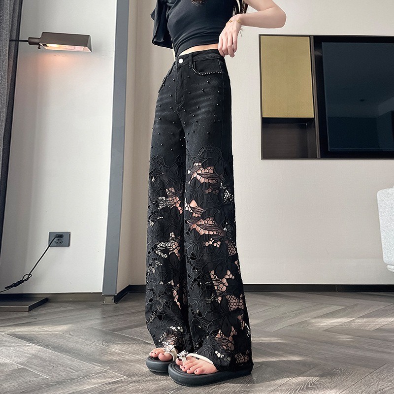 Lady Lace Hollow Out Wide-Leg Jean Beaded Black Denim Pants Sheer Sexy Punk Chic