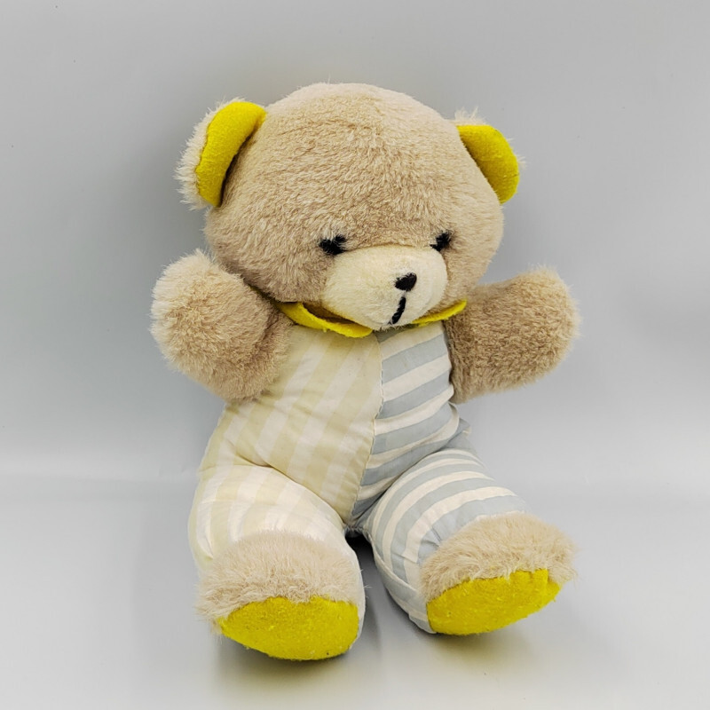 Ancienne Peluche Ours Beige Bleu Jaune RayÃ© - 34558