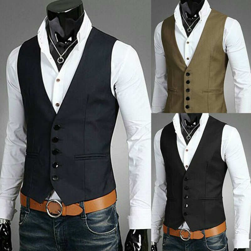 Gilet Homme Col En V Sans Manches Boutonné Slim Business Veste 2020 Polyester