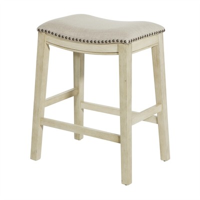 Pemberly Row Saddle Stool Beige Fabric & Antique White Base & Nailheads 2 Pack