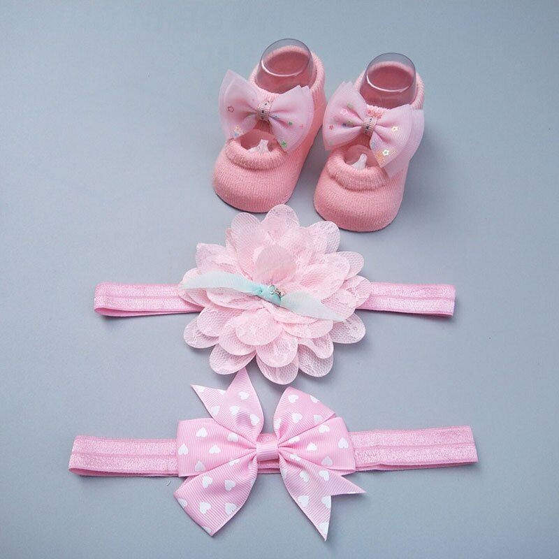 Newborn Baby Headband Socks Set Cute Flower Pearls Bows Princess Girls Hair Band