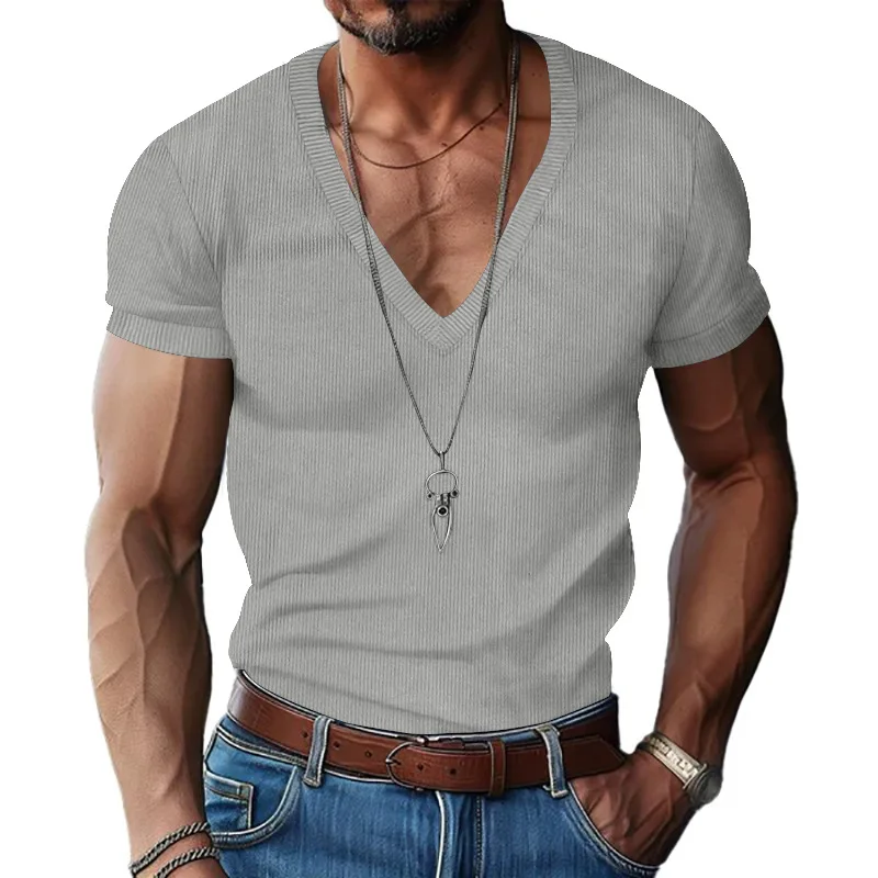 Men'S Corduroy European and American Summer Men'S V-Neck Solid Color Slim Casual