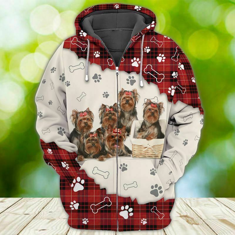 Yorkshire Make Me Happy Dog Paws Red Plaid Christmas Zip 3D Hoodie Christmas