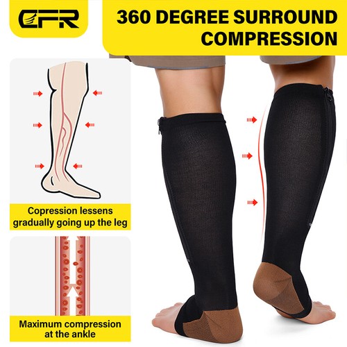 Copper Zipper Compression Socks Support Graduated Stockings Women Mens 20-30mmHg
