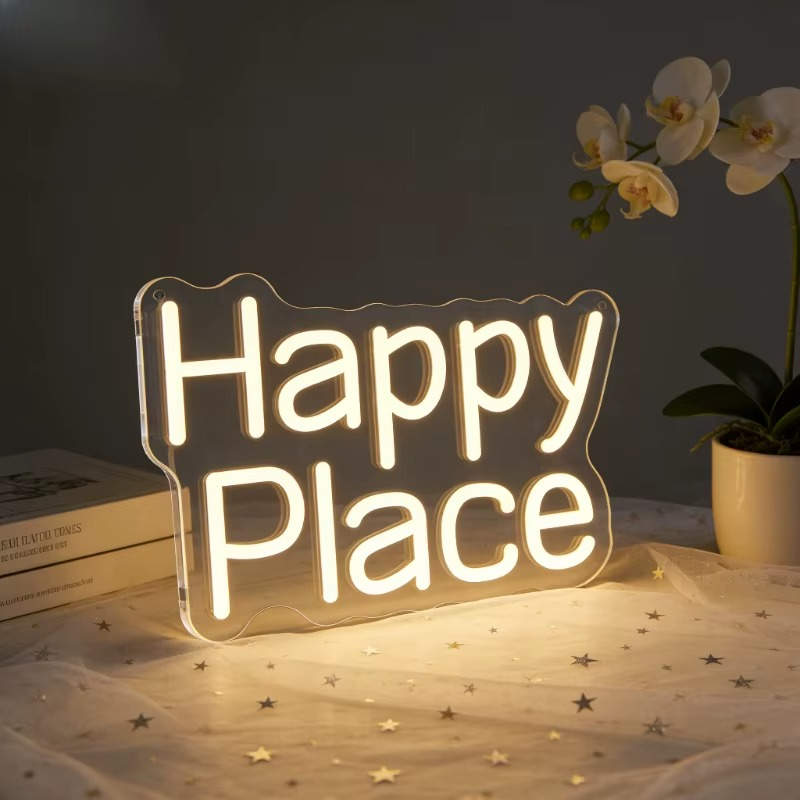 Happy Place Neon Light - Relaxing Warm White LED Sign - Games Room Bedroom Bar
