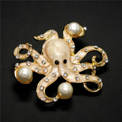 Pearl White Enamel Crystal Octopus Rhinestone Lady Fashion Women Brooch Pin