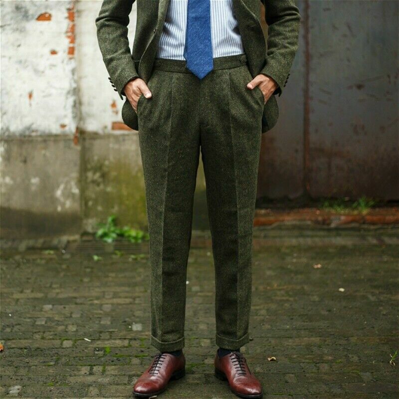 Herren Fischgrätenmuster Tweed Hose Wollmischung Retro Grün Anzug Slim Freizeit