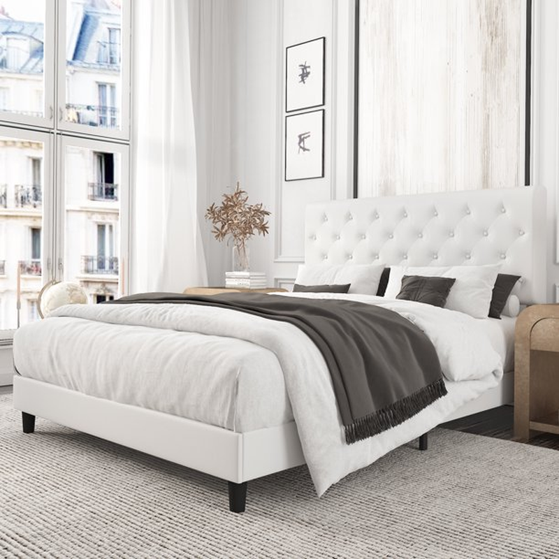 Button Tufted Headboard Upholstered Platform Bed Frame King Wooden Slats Support
