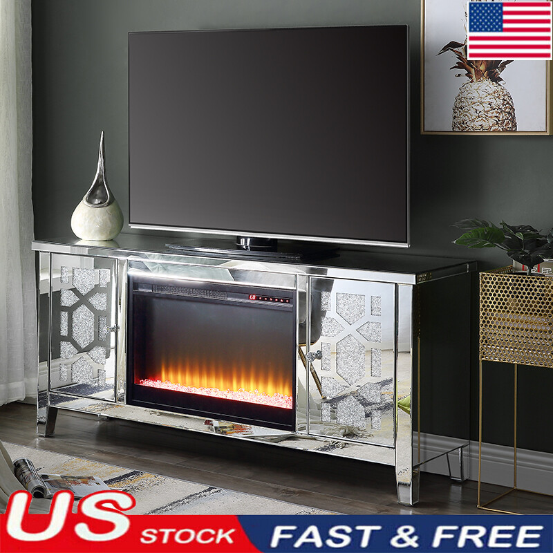 W/ Fireplace Mirrored & Faux Diamonds W/2 Door Silver