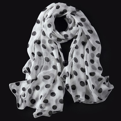 Fashion Women39s Long Wrap Lady Shawl White Black Polka Dot Chiffon Scarf Scarves