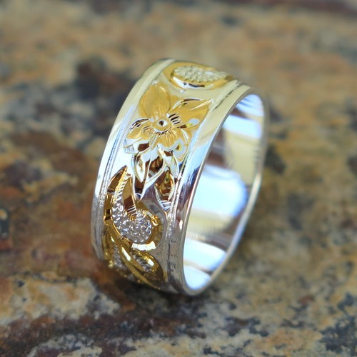 Hawaiian Jewelry Silver Gold Queen Scroll Flower Wedding